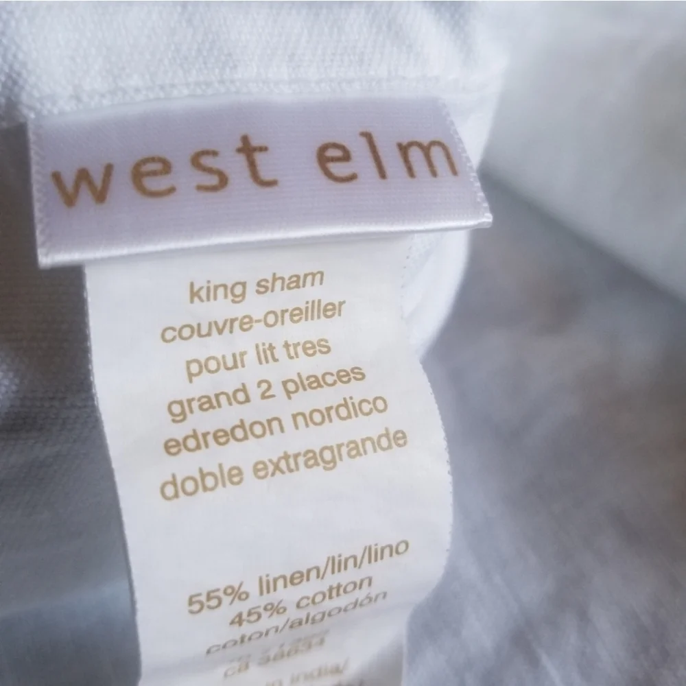 1 West Elm linen pillow sham white gray side ties King